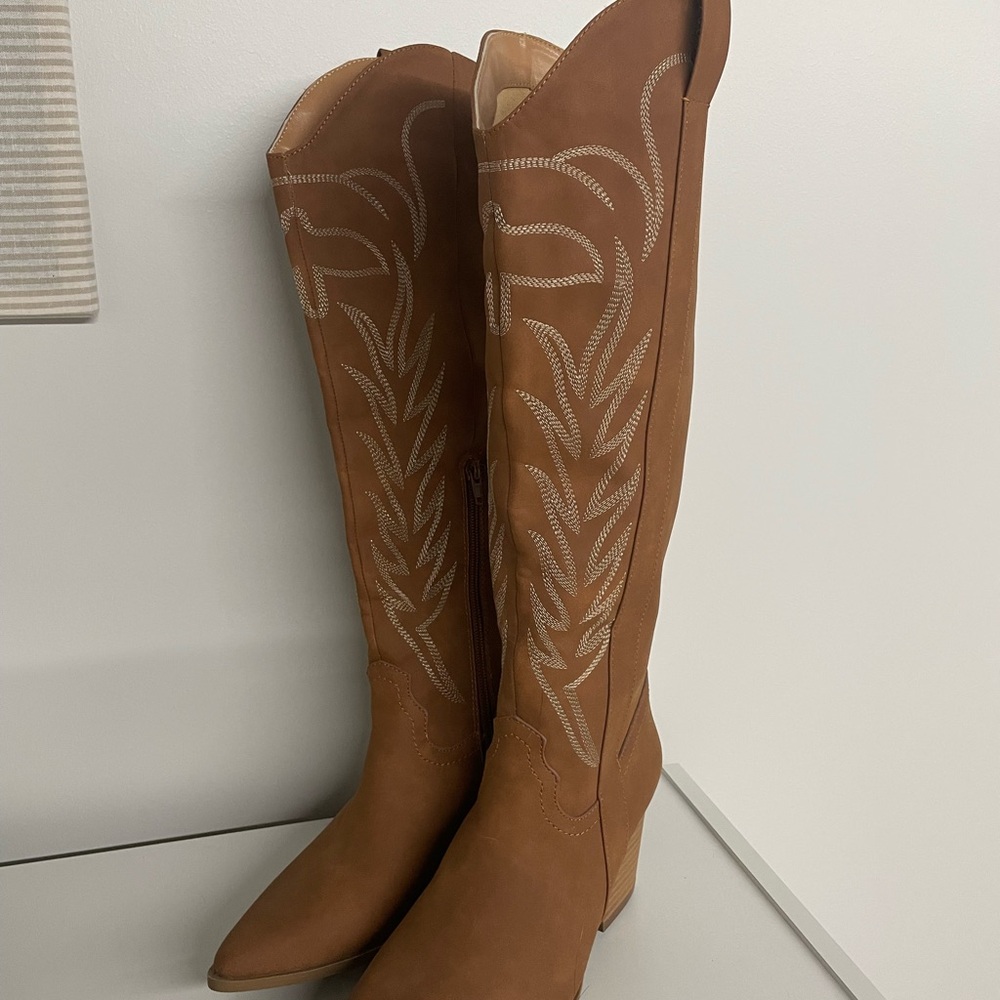 Qupid Tan Heeled Knee-High Boots - Picture 2 of 6